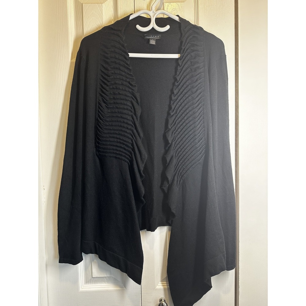 Line Knitwear Black Ruffle Trim Open Front Cardigan L Cashmere Blend #131